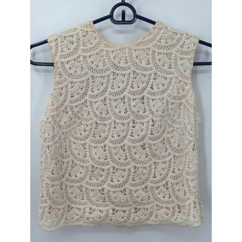 Vintage Ivory Crochet Lace Shell Top Sleeveless Scalloped Zip Back Cream XS